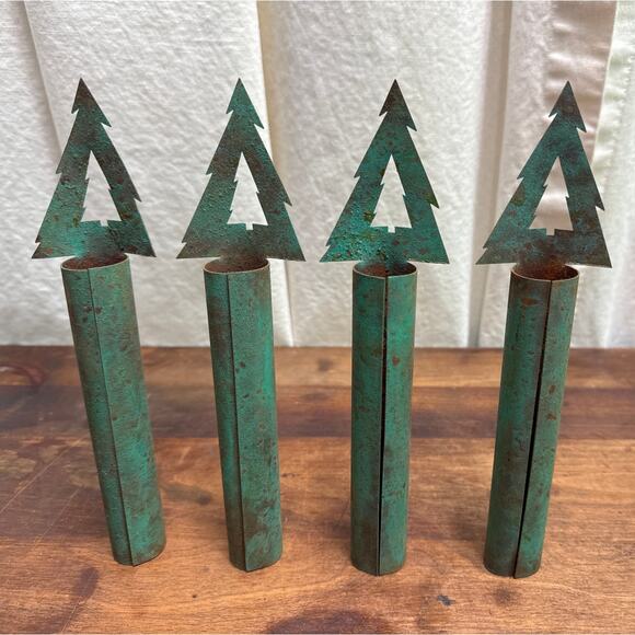 Vintage Christmas Tree Holiday Metal Stakes Candle Holders Rustic Distressed - Picture 3 of 8